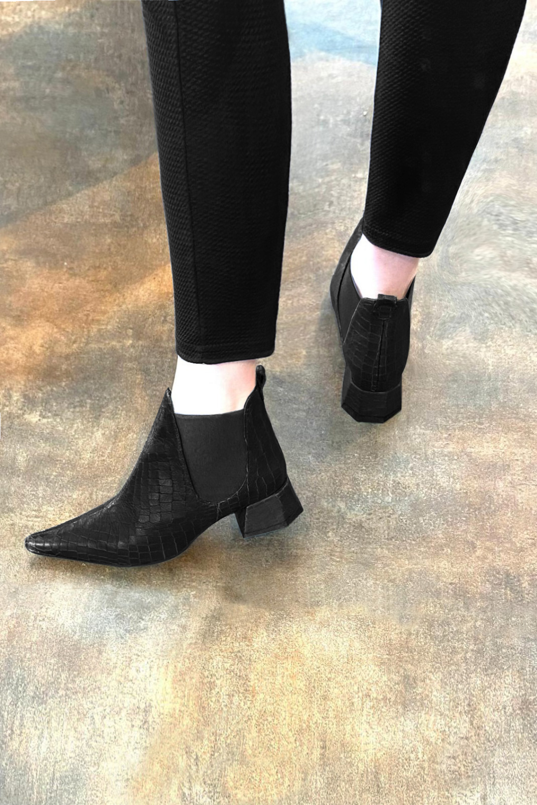 Satin black women's ankle boots, with elastics. Pointed toe. Low flare heels. Worn view - Florence KOOIJMAN